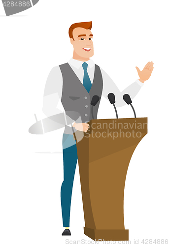 Image of Politician giving a speech from tribune.