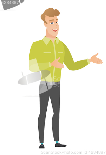 Image of Young caucasian happy businessman gesturing.