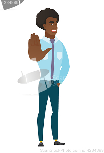 Image of Caucasian business man showing palm hand.