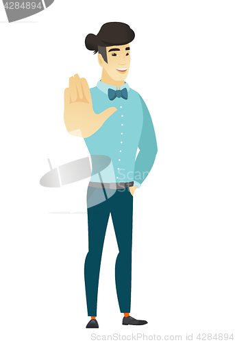 Image of Asian business man showing palm hand.
