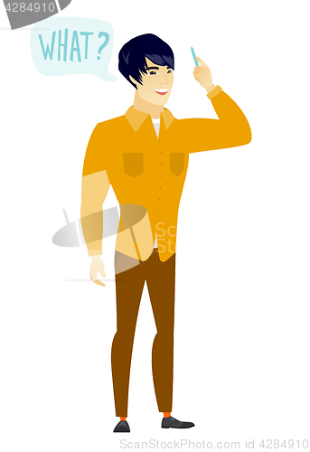 Image of Businessman with question what in speech bubble.