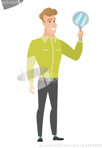 Image of Caucasian business man holding hand mirror.