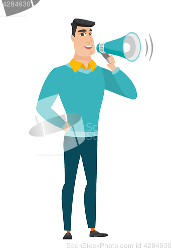 Image of Caucasian businessman talking into loudspeaker.