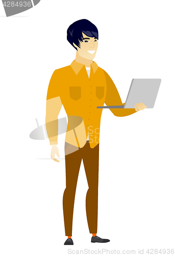 Image of Business man using laptop vector illustration.