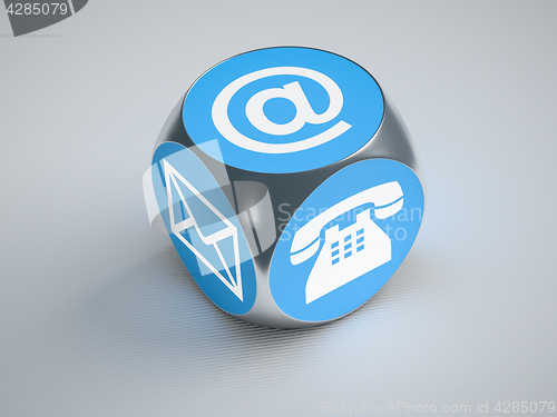 Image of turquoise cube with signs for email phone and letter