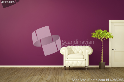 Image of purple room with a white armchair