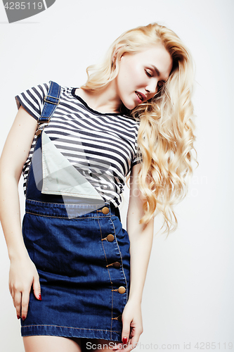 Image of young pretty blond teenage girl emotional posing, happy smiling isolated on white background, lifestyle people concept 