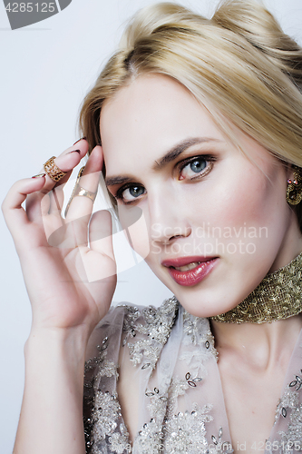 Image of young pretty blond woman in luxury jewelry, lifestyle rich people concept 