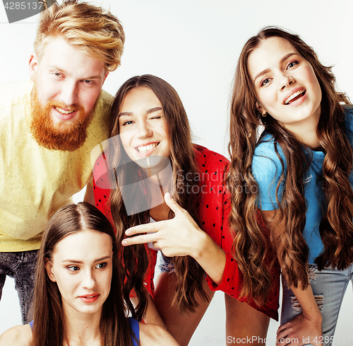 Image of company of hipster guys, bearded red hair boy and girls students having fun together friends, diverse fashion style, lifestyle people concept isolated on white background