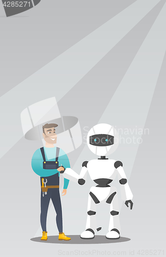 Image of Young caucasian man handshaking with robot.