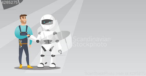 Image of Young caucasian man handshaking with robot.