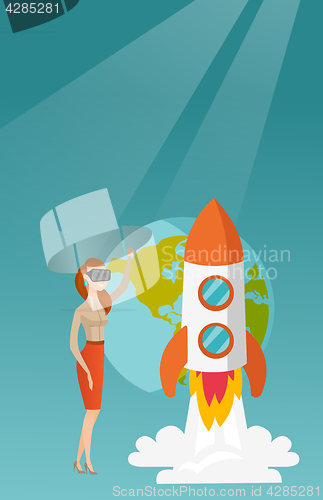 Image of Caucasian woman in vr headset flying in open space