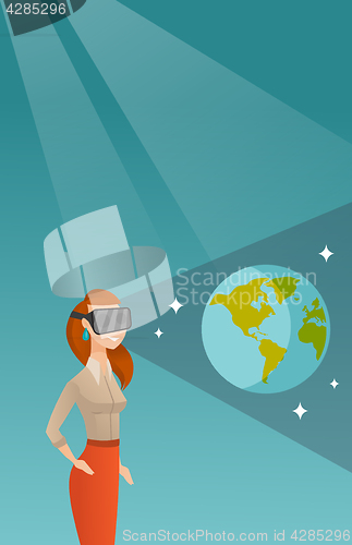 Image of Young woman in vr headset getting in open space.