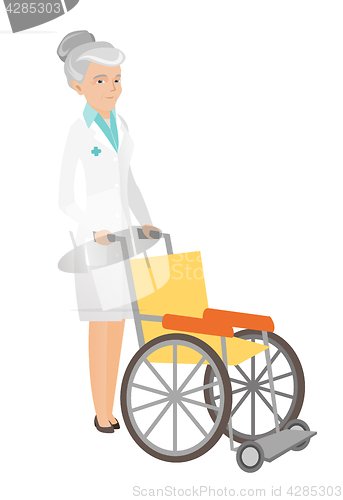 Image of Senior caucasian doctor pushing wheelchair.