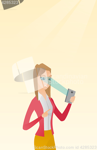 Image of Woman using iris scanner to unlock mobile phone.