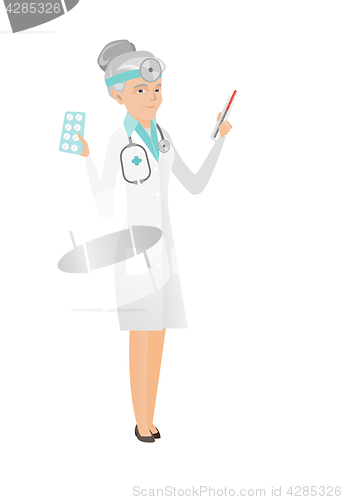 Image of Otolaryngologist holding thermometer and pills.