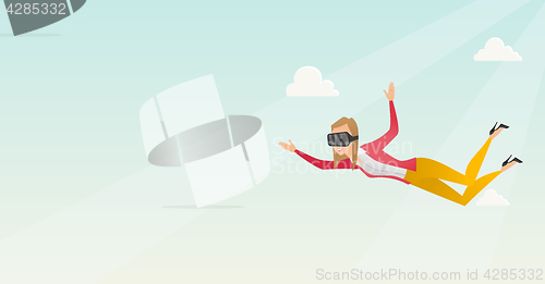 Image of Business woman in vr headset flying in the sky.