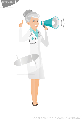 Image of Senior caucasian doctor talking into loudspeaker.