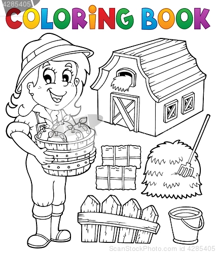 Image of Coloring book girl and farm objects