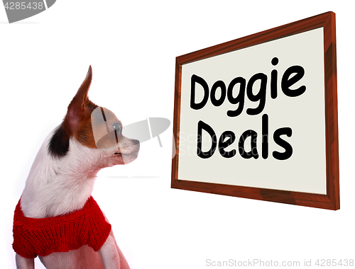 Image of Doggie Deals Sign Showing Dog Bargains Deals And Clearance