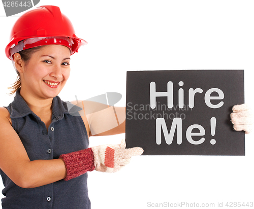 Image of Hire Me Sign With Construction Worker Showing Careers