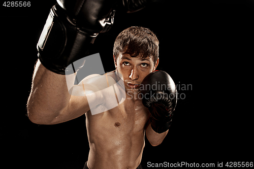 Image of Male boxer boxing in punching bag with dramatic edgy lighting in a dark studio