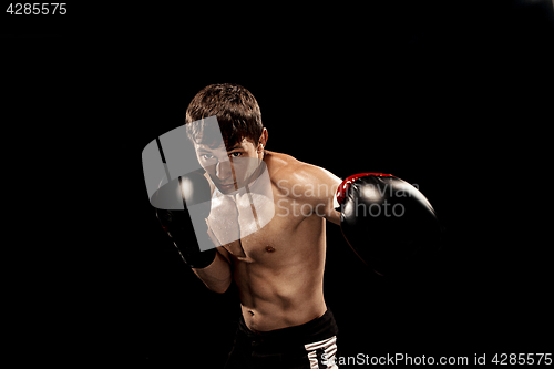 Image of Male boxer boxing in punching bag with dramatic edgy lighting in a dark studio