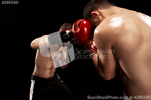 Image of Two professional boxer boxing on black background,