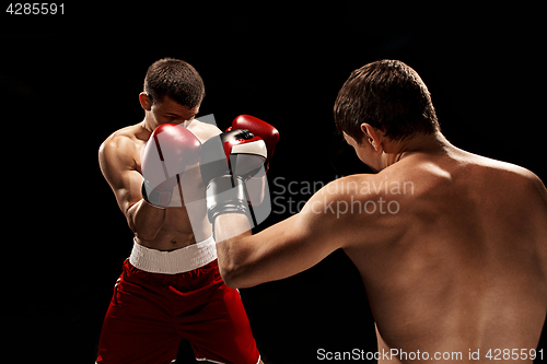 Image of Two professional boxer boxing on black background,