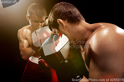 Image of Two professional boxer boxing on black background,