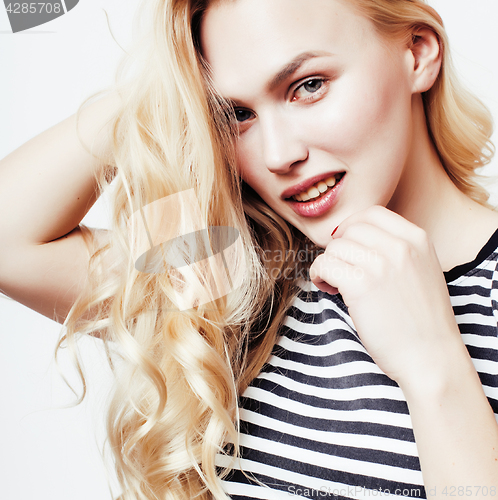 Image of young pretty stylish hipster girl posing emotional isolated on white background happy smiling cool smile, lifestyle people concept 