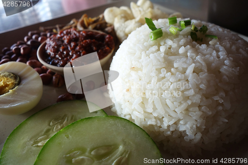 Image of Nasi lemak, a traditional malay curry paste rice dish