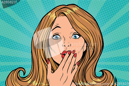 Image of Beautiful female emotional reaction fear surprise