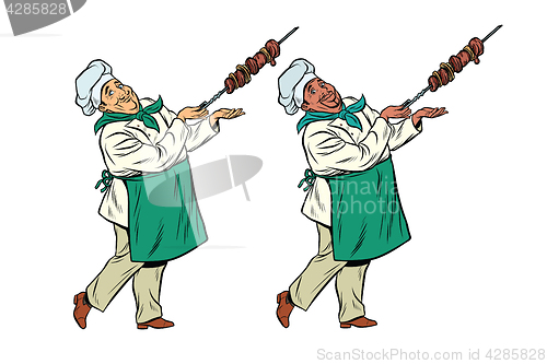 Image of African and Caucasian chef with a shish kebab