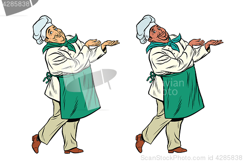 Image of African and Caucasian chef holding hand gesture