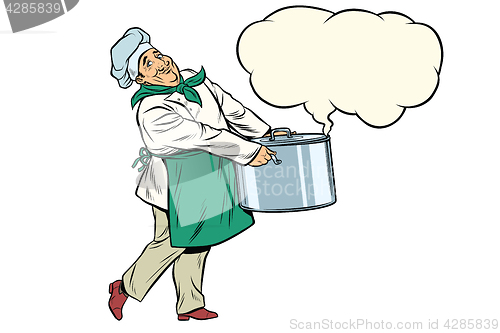 Image of Italian or French chef holding a hot pot, cloud of steam