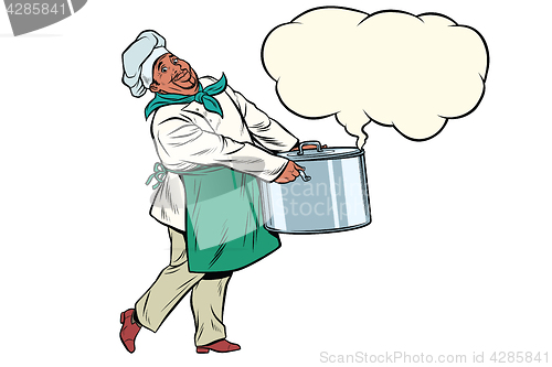 Image of African chef holding a hot pot, cloud of steam