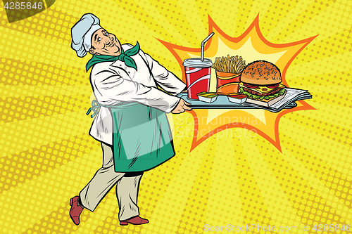 Image of The chef brings a tray of fast food