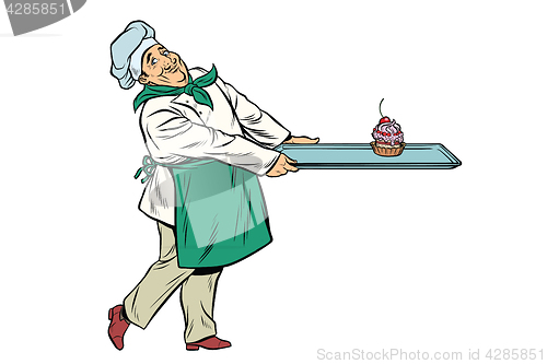 Image of Chef cook brings a tray of dessert cupcake