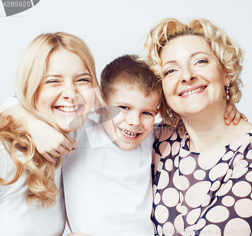 Image of happy smiling family together posing cheerful on white background, lifestyle people concept, mother with son and teenage daughter isolated 