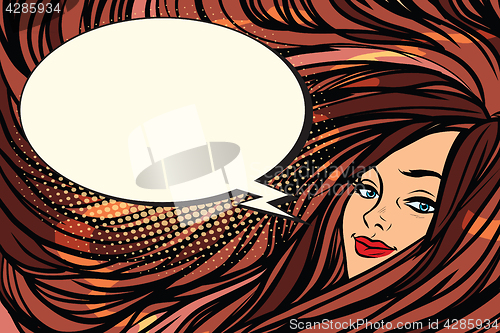 Image of Beautiful girl with long hair, cartoon bubble