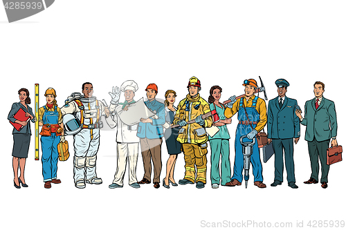 Image of Set people of different professions standing in a row on white b