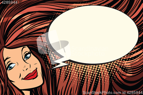 Image of Joyful woman with long hair and a comic bubble