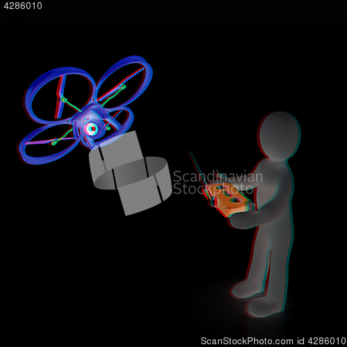 Image of 3d man with drone, quadrocopter, with photo camera. 3d render. 3