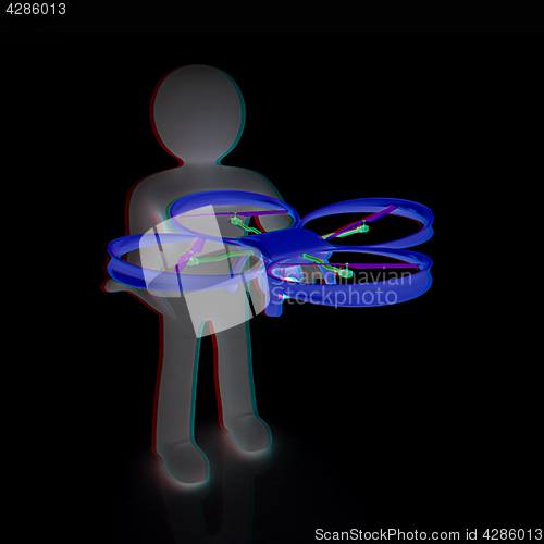 Image of 3d man with drone, quadrocopter, with photo camera. 3d render. 3