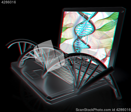 Image of Laptop with dna medical model background on laptop screen. 3d il