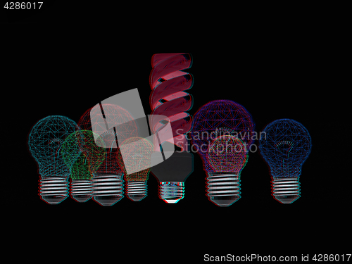 Image of energy-saving lamps. 3D illustration. Anaglyph. View with red/cy