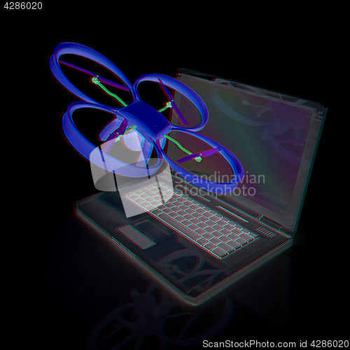 Image of Drone and laptop. 3D render. Anaglyph. View with red/cyan glasse