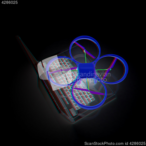 Image of Drone and laptop. 3D render. Anaglyph. View with red/cyan glasse