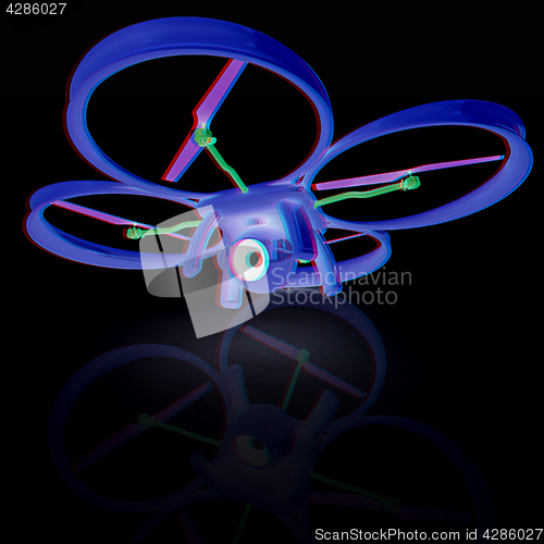 Image of Drone, quadrocopter, with photo camera. 3d render. Anaglyph. Vie